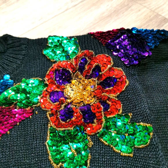 Vintage 80's Floral Embroidered Sequin Sweater - Picture 3 of 6